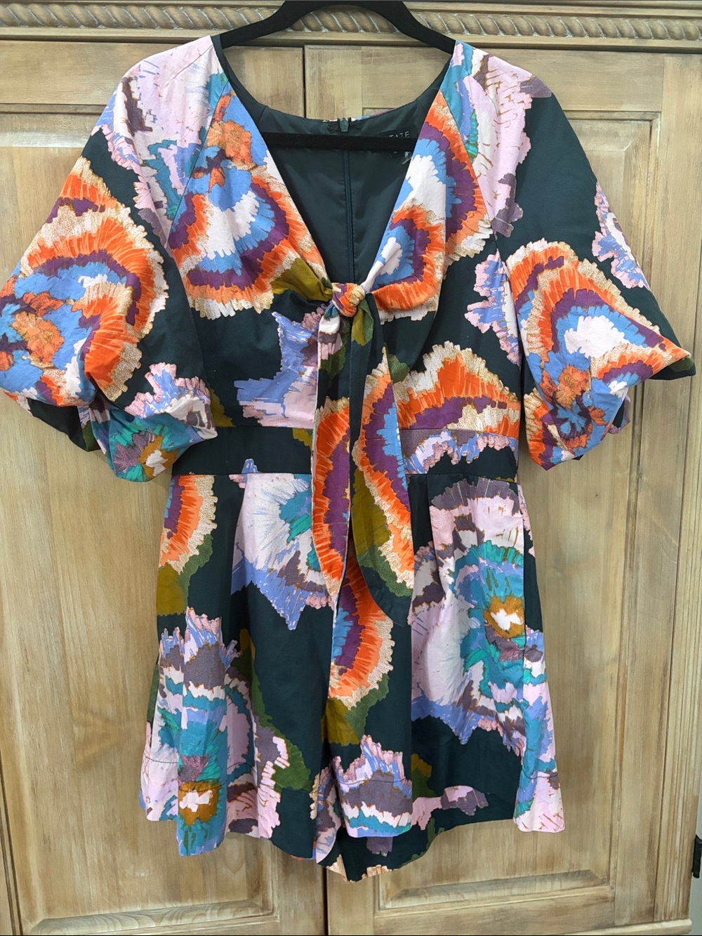 1. State Multicolor Floral Puff-Sleeve Tie-Front Romper